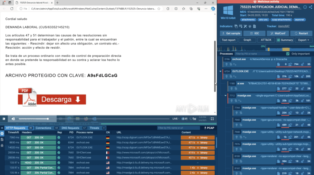 Fałszywy dokument z niebezpiecznym linkiem do pliku PDF analizowany w sandboksie ANY.RUN