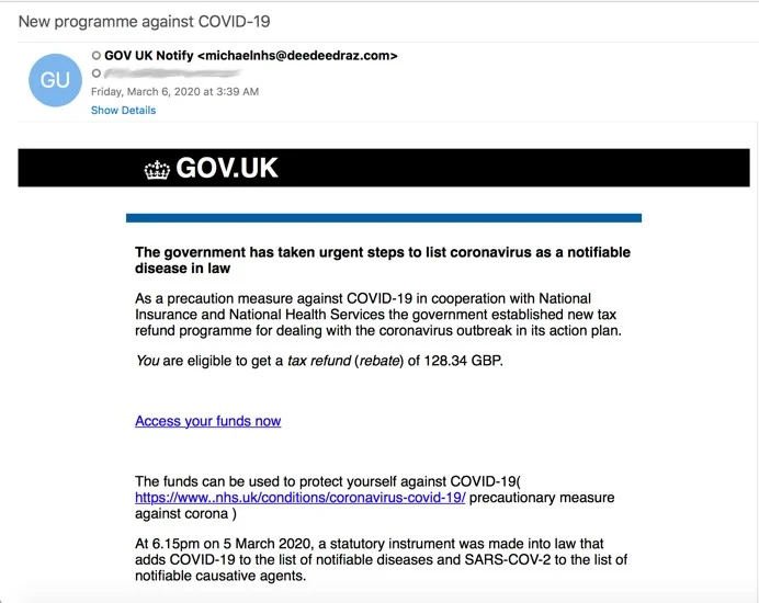 Przykład wiadomości phishingowej, w której atakujący podszywają się pod rząd Wielkiej Brytanii