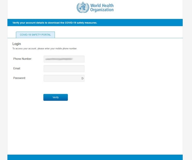 Przykład wiadomości phishingowej, w której przestępcy wykorzystali wizerunek Światowej Organizacji Zdrowia (WHO)